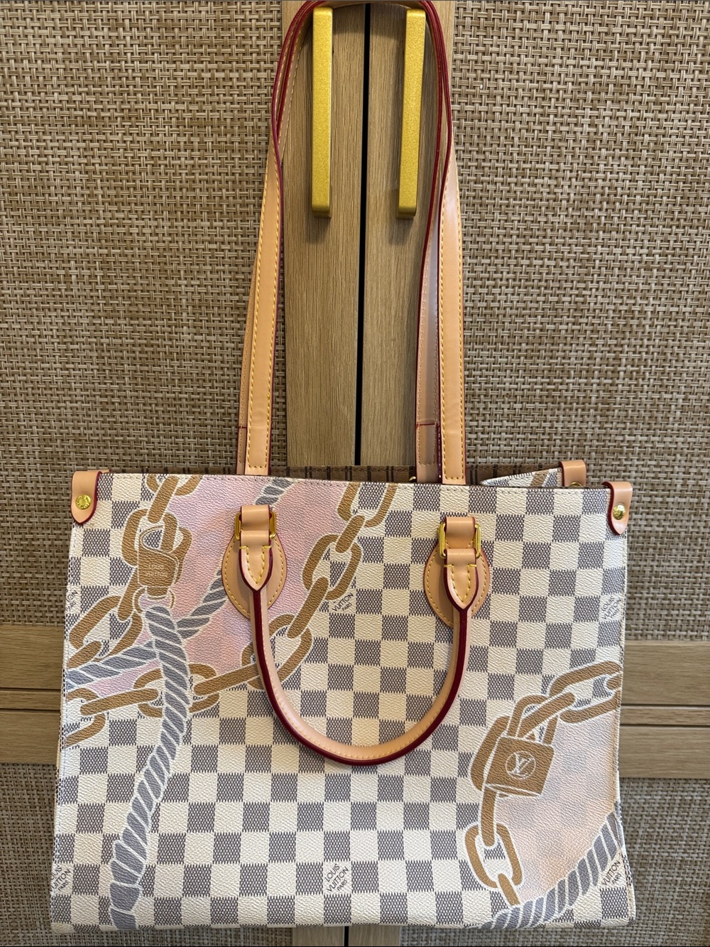 Limited addition Checkered Canvas Tote Bag with Pink & Tan Chain Print